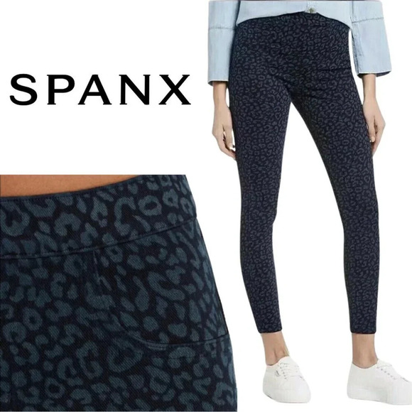 SPANX, Jean-ish Leopard Denim Legging Skinny Ankle Jeans, Blue, Black - Picture 1 of 10